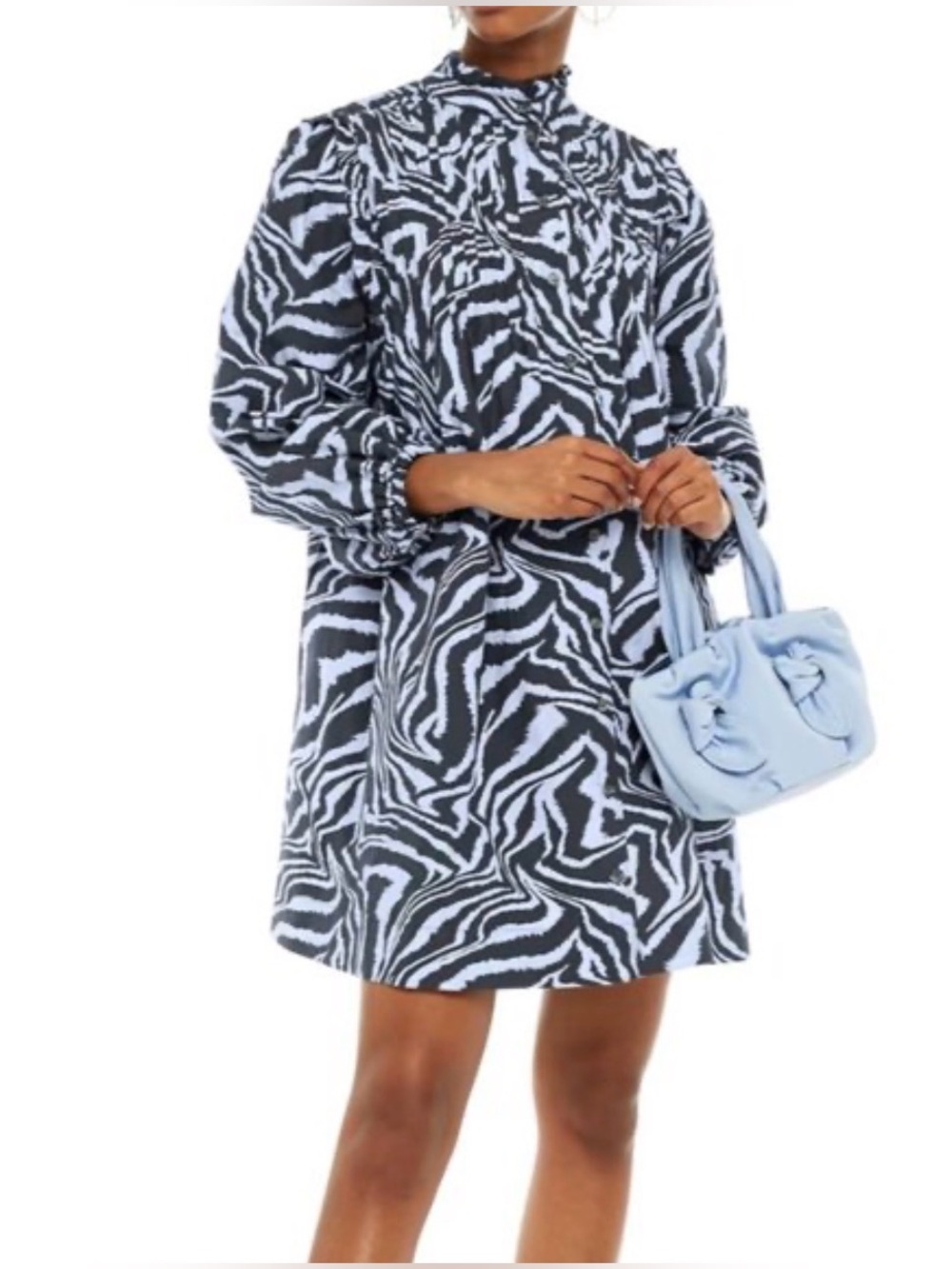 Ganni Blue Black Zebra Print Cotton Poplin Mini Dress High Neck Size 38 NWOT